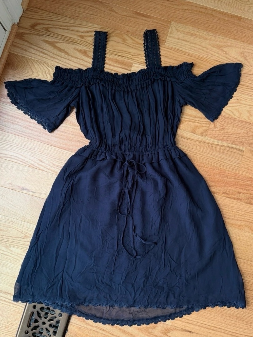 The Kooples Navy Blue Cold Shoulder Mini Dress Drawstring Waist Size 8